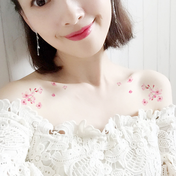 纹客范樱花纹身贴 防水逼真唯美女款锁骨纹身贴 清新桃花花瓣贴纸_7折