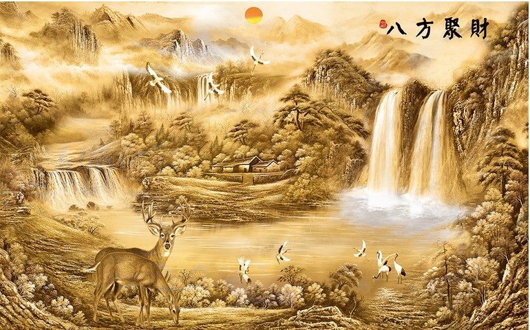 八方聚财金色山水风景画中式大型壁画公司酒店客厅电视墙纸3d壁纸