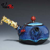 Light luxury style handmade ceramic teapot tea kung fu tea set household filter tea maker gilt silver single pot large