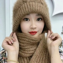 Hat scarf one-piece winter thickened warm hat autumn and winter new squirrel wool knitted warm net red hat