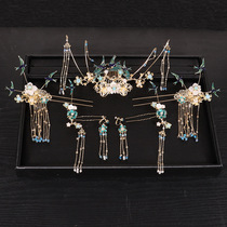 Ancient costume Hanfu headdress Xiuhe bride Chinese style simple hair crown set tassel step shake blue magpie hair hairpin