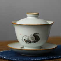 Pure handmade Ru kiln open ceramic hand-painted cat kung fu tea bowl literary youth tea Japanese Cup Bowl