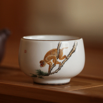 Jingdezhen full manual heavy industry hand-painted Ru kiln open piece iron tire large tea cup monkey zodiac Tea Master Cup