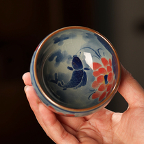 Jingdezhen handmade blue and white porcelain cup underglaze color hand-painted Lotus Lotus carp Cup Open piece antique Master Cup