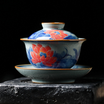 Jingdezhen hand-painted Lotus goldfish firewood roasted bowl old pottery mud antique open slices pressed hand Tea Bowl Cup Cup