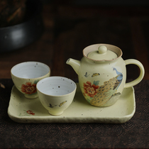 Fanyue Jingdezhen hand-painted coarse pottery peony peacock one pot two cups gift box set travel home kung fu tea set
