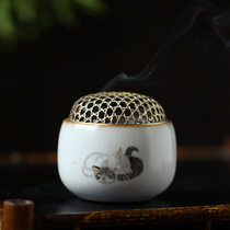 Ru kiln hand-painted cat incense burner opening piece Jingdezhen pure handmade ceramics dedicated to Buddha home indoor tea ceremony small incense burner