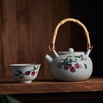Hand-painted lychee Apple quaint and rough pottery kung fu tea set large lifting beam teapot home teapot