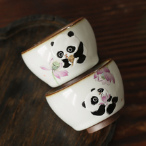 Jingdezhen full hand-painted Lotus cute panda owner Pingming cup thickened Ru kiln kung fu tea cup tea cup tea cup