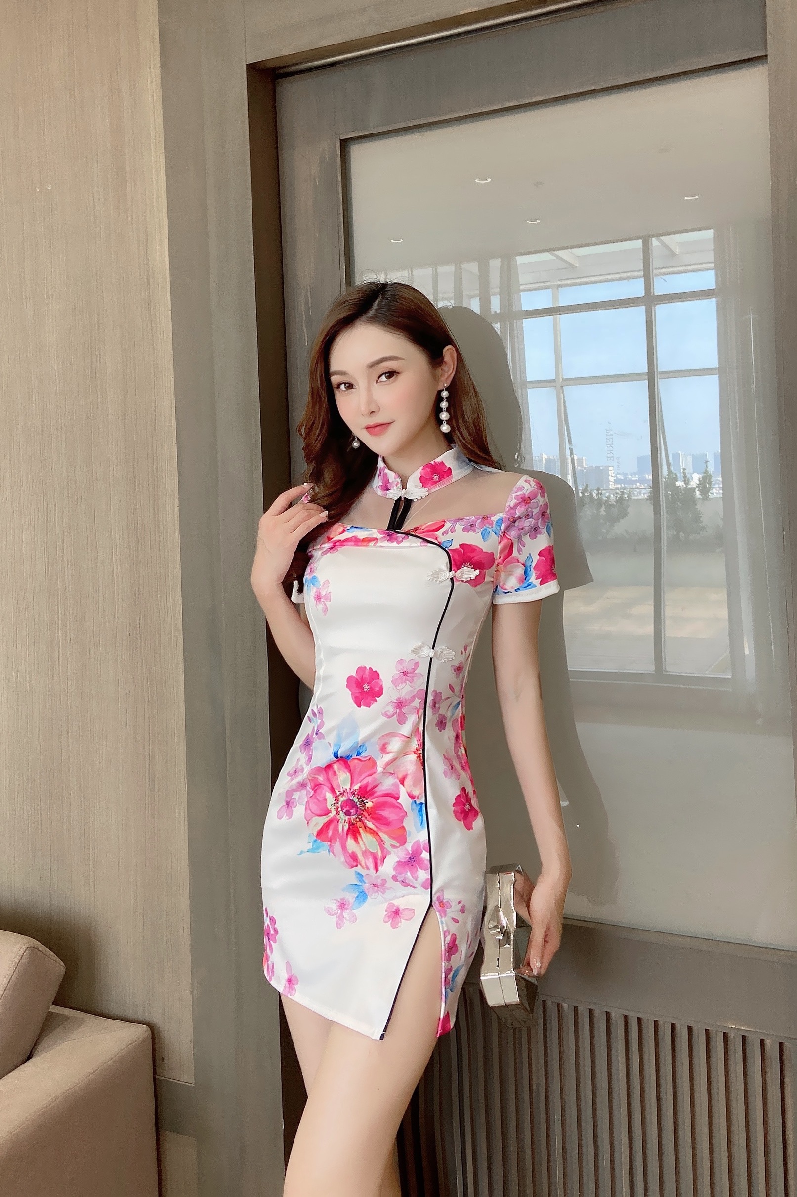 实拍性感镂空复古改良印花开叉旗袍连衣裙夜店主播短裙