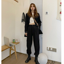 Berry like you and happy big Pang custom slim waist casual trousers black straight leg toe overalls women