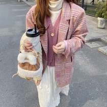 Berry like you and happy autumn and winter gentle wind woolen suit plaid loose pink woolen suit jacket woman