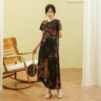 Zhu's Original (Dark Night Flower Fragrance) Silk Spinning Fragrant Cloud Yarn Asymmetrical Dress Loose Improved Cheongsam Middle and Long