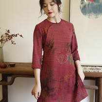 Zhu's Original (Flower Shadow) Silk Spinning Fragrant Cloud Yarn Crewneck Long Chinese Jacket Seven-Sleeve Retro Women's Wear