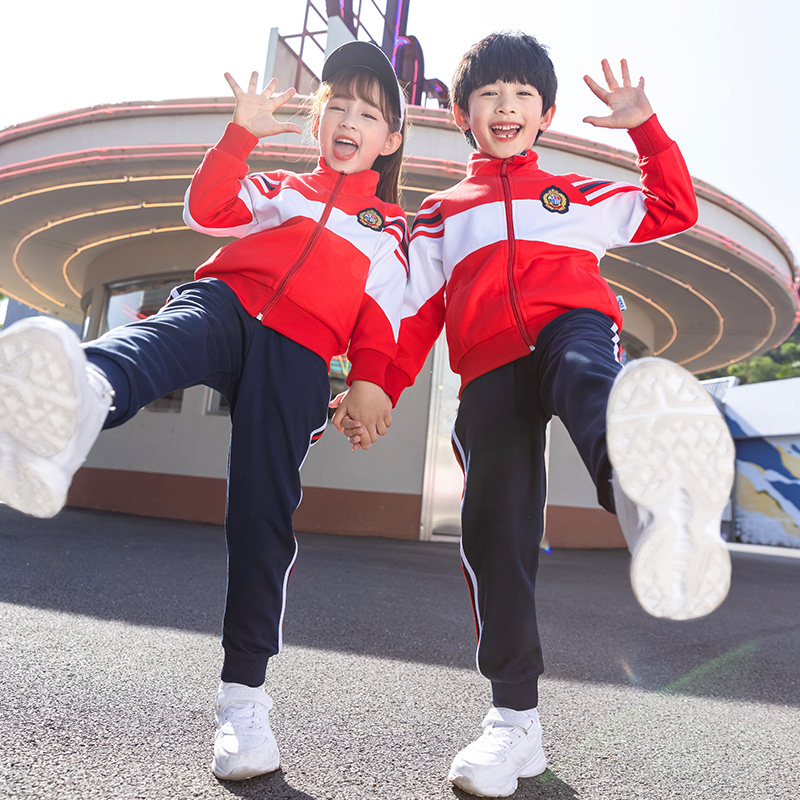 Kindergarten uniform spring and autumn red double-layer cotton sportswear suit Korean version of primary school uniforms children's class uniforms