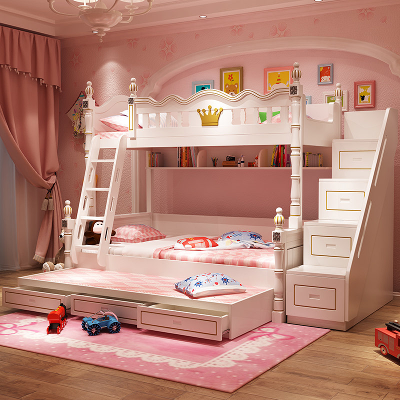 儿童床上下床女孩公主高低床实木子母两层上下铺木床双层梦幻城堡