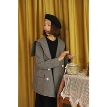 Retro navy collar long sleeve sheep wool coat thousand bird grid medium long coat women