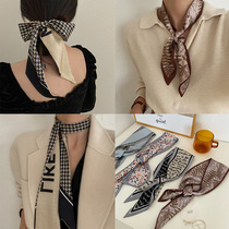 Houndstooth small long silk scarf hair band Female tie bag ribbon Wild spring and autumn suit high imitation silk scarf headdress