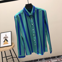 Striped shirt mens tide Japanese long sleeve Korean fashion handsome hair stylist vertical stripe blue mens shirt