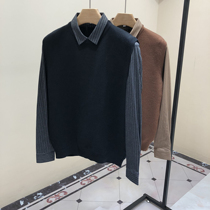 Autumn 2020 fake two-piece sweater men long sleeve trend shirt collar knitted base shirt lapel two-piece set