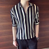 Summer mens short-sleeved T-shirt Korean stripe 5 five-point sleeve slim-fit 7 three-point sleeve summer mens half-sleeved clothes trend