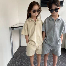 Mens and womens casual summer Korean childrens medium and large childrens solid color POLO shirt shorts two pieces of cotton sports suit