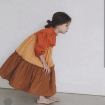 2022 Spring and Autumn New Korea High-end Childrens Clothing Girls Color Patch Long Sleeve Cotton Kids Baby Small Medium and Big Kids Dress