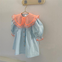Childrens skirt Korean childrens wear 2022 spring and autumn baby girls splicing large lapels flared long sleeves cotton dress