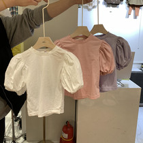 Girls puff sleeves cotton T-shirt Korean childrens 2021 spring summer childrens lantern sleeves little girl white top