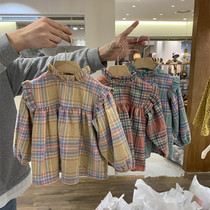 Korean childrens clothing 2021 spring and autumn style girls plaid lace collar lady shirt children baby cotton bottom top