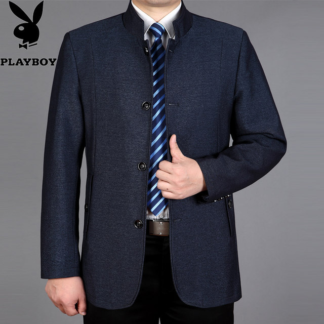 Playboy ພາກຮຽນ spring ແລະດູໃບໄມ້ລົ່ນໃຫມ່ Jacket ຜູ້ຊາຍອາຍຸກາງປີທຸລະກິດ Casual Stand Collar ພໍ່ໃສ່ Jacket ກະທັດຮັດຍາວກາງ.