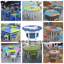 Color trapezoidal combination desks and chairs Hexagonal splicing tables Scientific inquiry tables Hexagonal tables Group counseling tables