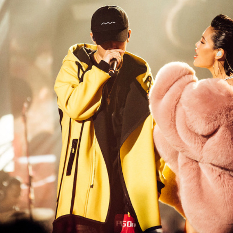 中国有嘻哈pg one同款 黄色外套红花会背后激动拼接大衣男连帽_3折