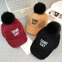 Childrens hats boys and girls hairball corduroy baseball cap Korean version of cap baby hat autumn and winter tide