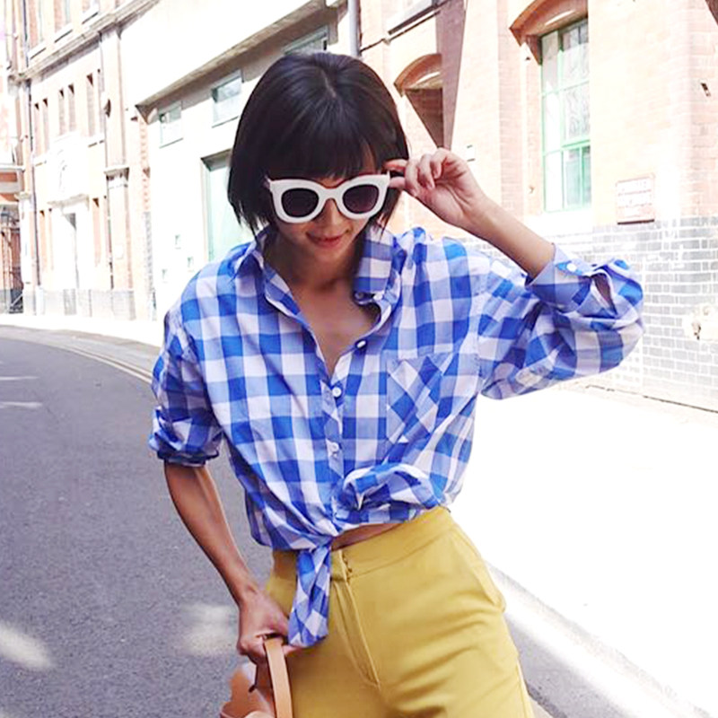 百搭蓝色格子长袖衬衫上衣