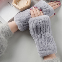Tide Card CK Gloves Lady Winter Otters Rabbit Fur Grass Warm Cute Dew finger Finger Elastic Cuff wrists