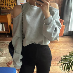 Korean chic autumn niche design round neck off-shoulder loose casual versatile long-sleeved solid color pullover sweatshirt for women