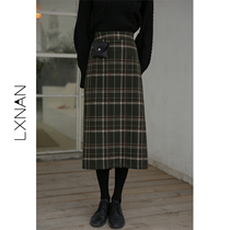 Deer South woolen skirt spring and autumn long a character high waist slim lattice bag skirt 2021 New skirt