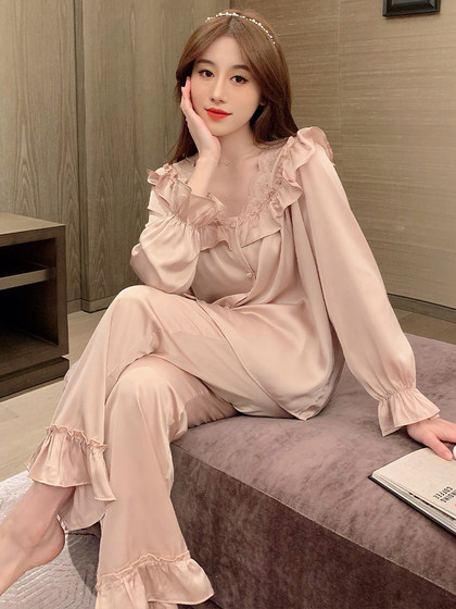 여름에 여성을위한 뽕나무 실크 실크 잠옷 2025 새로운 2 피스 정장 긴팔 팰리스 스타일 세련된 캐주얼 홈 의류 여름에 여성을위한 뽕나무 실크 실크 잠옷 2025 새로운 2 피스 정장 긴팔 팰리스 스타일 세련된 캐주얼 홈 의류