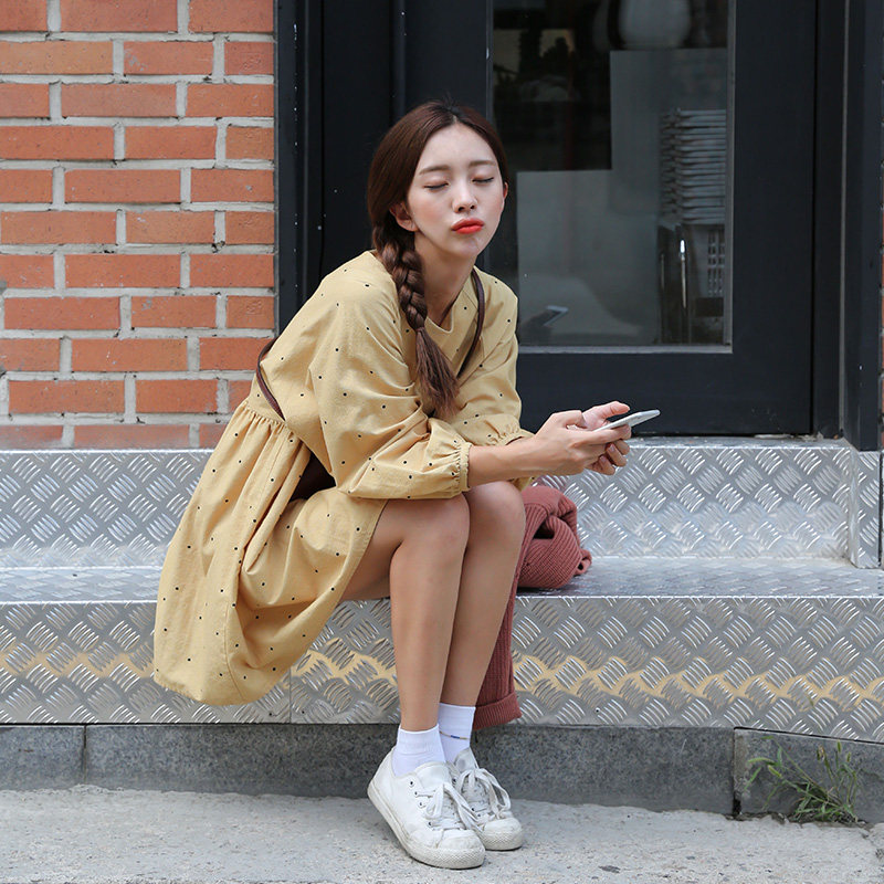 【owole 朴瑟seul】2018春季圆点娃娃衫连衣裙女韩版中长款灯笼袖_7折