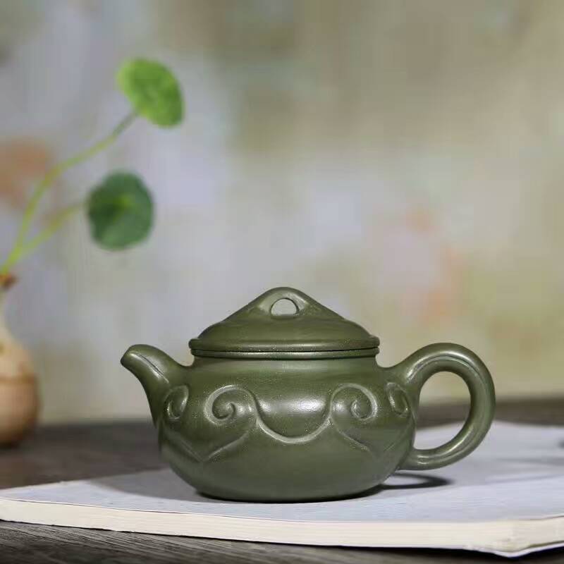 新品宜兴紫砂壶 徐其霞工艺师 绿泥 仿古如意 170cc 手工制作原矿_7折