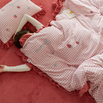 ins wind baby suede embroidered with four sets of teenage girl hearts lotus leaf side quilt cover milk suede bed linen bed bedding