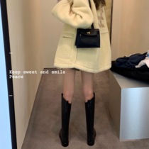 2021 new pitched long cylinder boot female winter large cylinder round head though kneecap boots high cylinder boots with velvety rider boots