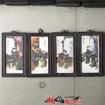 Four screen painting Jingdezhen porcelain plate painting landscape painting living room decoration painting mural painting solid wood frame old painting new product