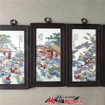 Four screen painting Jingdezhen porcelain plate painting landscape painting living room decoration painting mural painting solid wood frame old painting collection