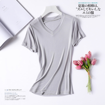 Womens summer new loose heavy silk top large size V-neck silk short-sleeved T-shirt solid color base shirt