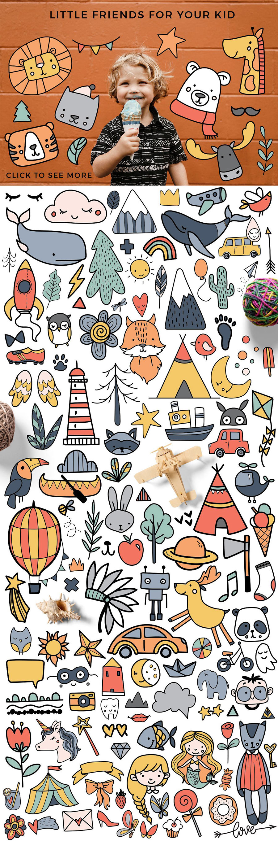 时尚手绘卡通动物海报设计背景图案儿童节可爱ai矢量装饰元素字体 ai