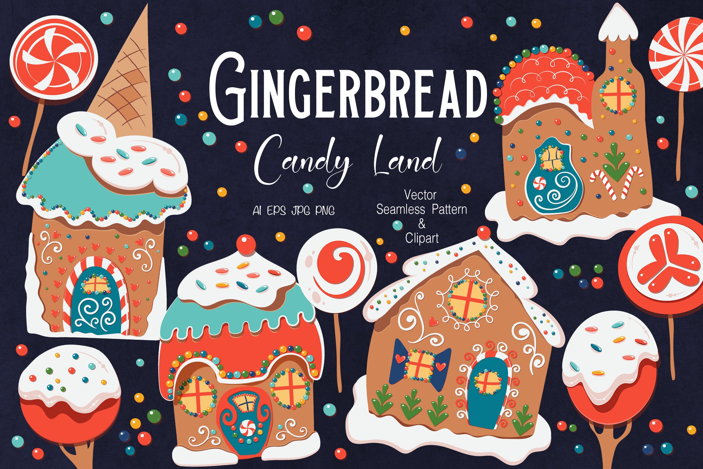 姜饼糖果乐园圣诞节矢量手绘图案背景素材gingerbreadcandyland