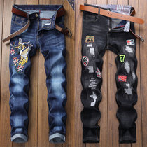 2021 fashion personality jeans men embroidery Tide brand hole pattern trend retro style beggar badge trousers