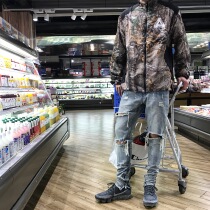 J CAESAR19SS big damage small feet casual pants knife cut knee hole washed square scarf jeans High Street tide